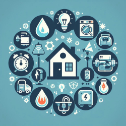 Smart home utility services including icons for electricity, water, gas, internet, etc.