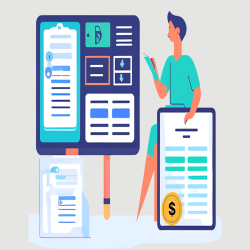 An illustration depicting a person managing utility bills digitally. The image highlights automated billing interfaces versus manual bill generation.