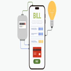 Digital illustration showing an electricity meter connected to a smartphone displaying an electricity bill with payment options.