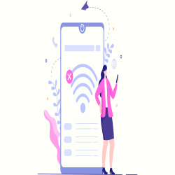 Illustration of a woman standing beside a large smartphone screen displaying a WiFi disconnection icon, symbolizing common WiFi billing Mistakes.